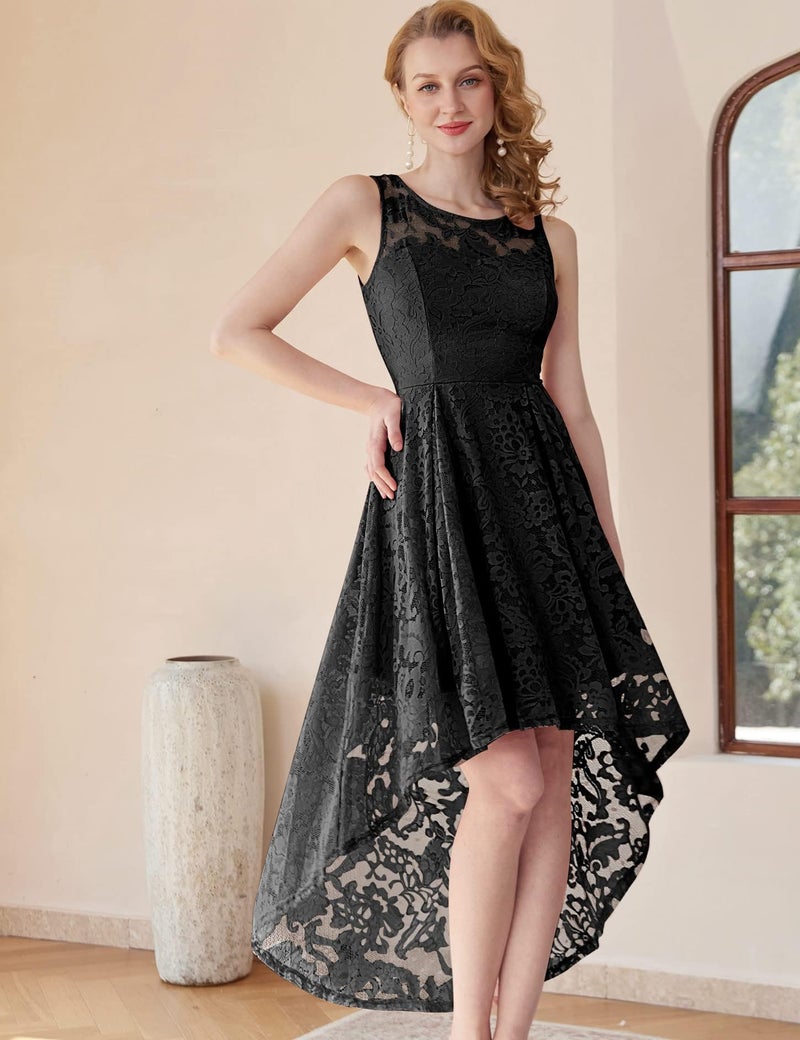 MUADRESS Women's Elegant Floral Lace Dress Sleeveless Crew Neck Hi-Lo Cocktail Prom Dress for Evening Party Black M - Image 2